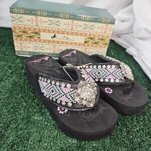 Montana West beaded aztec Women's Sandals Rhinestone Wedge Flip Flop Size 8